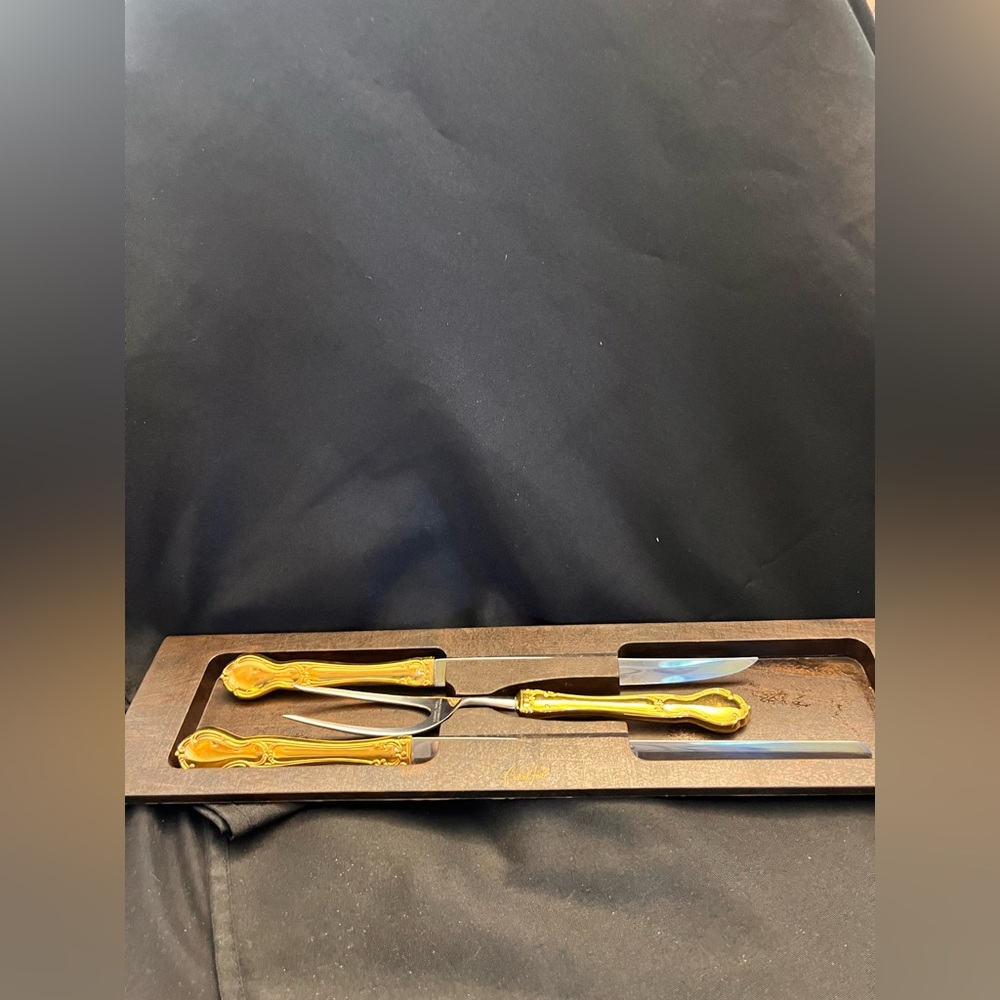 VTG Carvel Hall Gold Carving Set 3pc Mid Century Modern MCM Knife Fork Host Retr - Picture 4 of 12